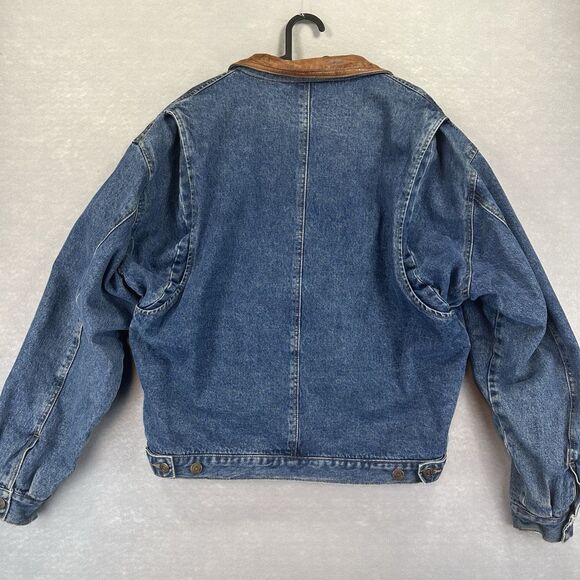 Vintage Geoffrey Beene Flannel Plaid Lined Denim Jacket Leather Collar Men's M - Picture 2 of 16